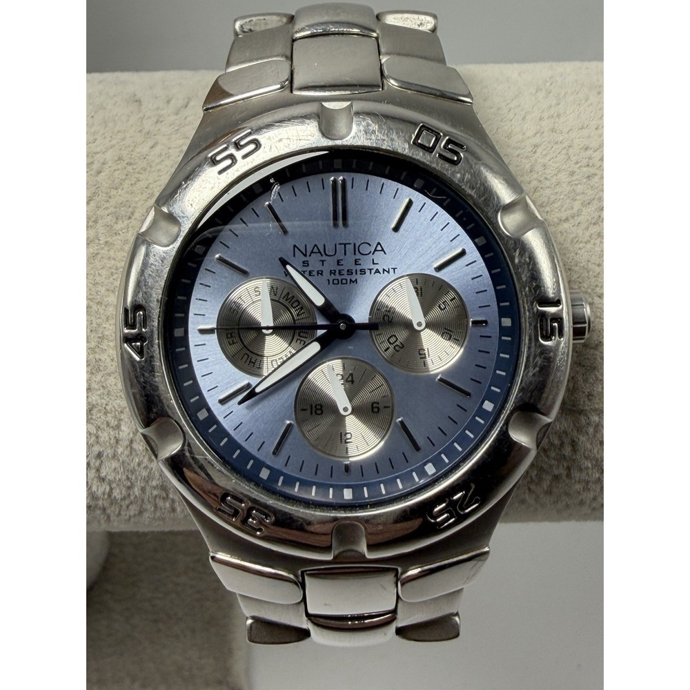 Nautica N10075 New Battery Mens Watch 39MM 7.25" Light Blue Dial